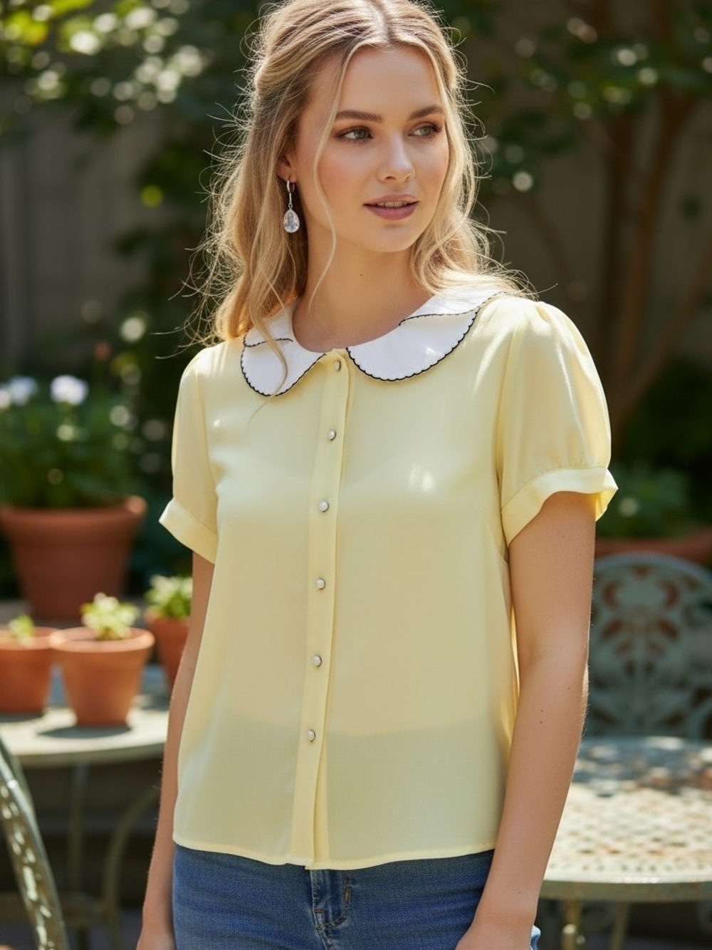 english rose Victorian Pale Yellow Chiffon Blouse with White Peter Pan Collar
